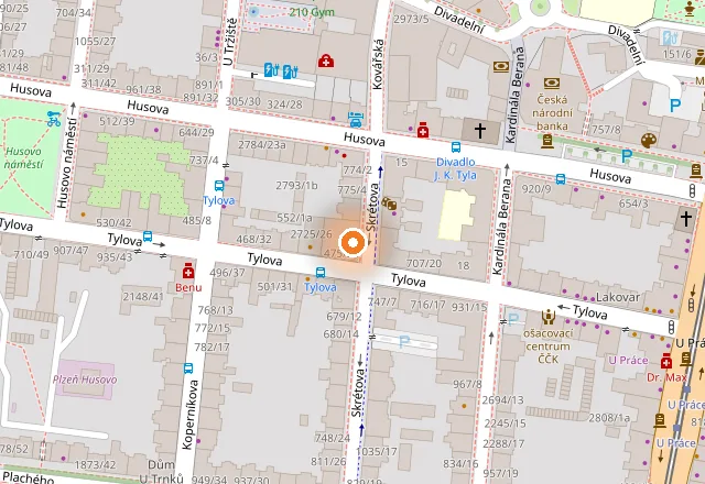 Mapa okolí: NEXUS Recovery & Spa na rohu ulic Skrétova a Tylova v Plzni